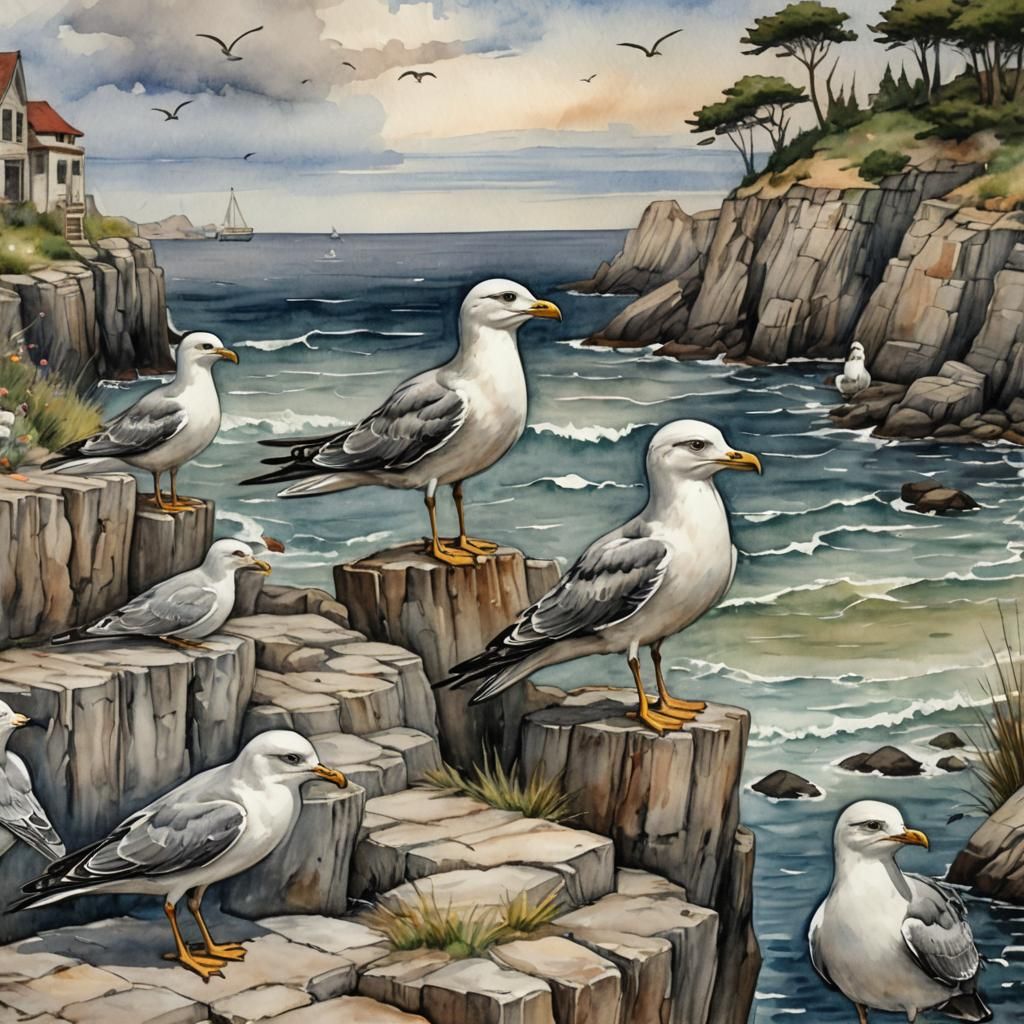 Coastal Summer: Seagulls in Watercolor Style