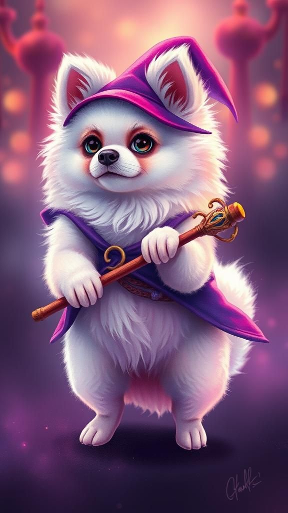 Adorable Pomeranian Puppy Wizard in Neon Cartoon Style