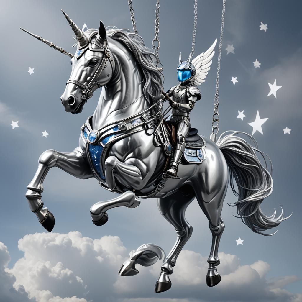 Skydiving Silver Cyborg-Unicorn with Starry Sky