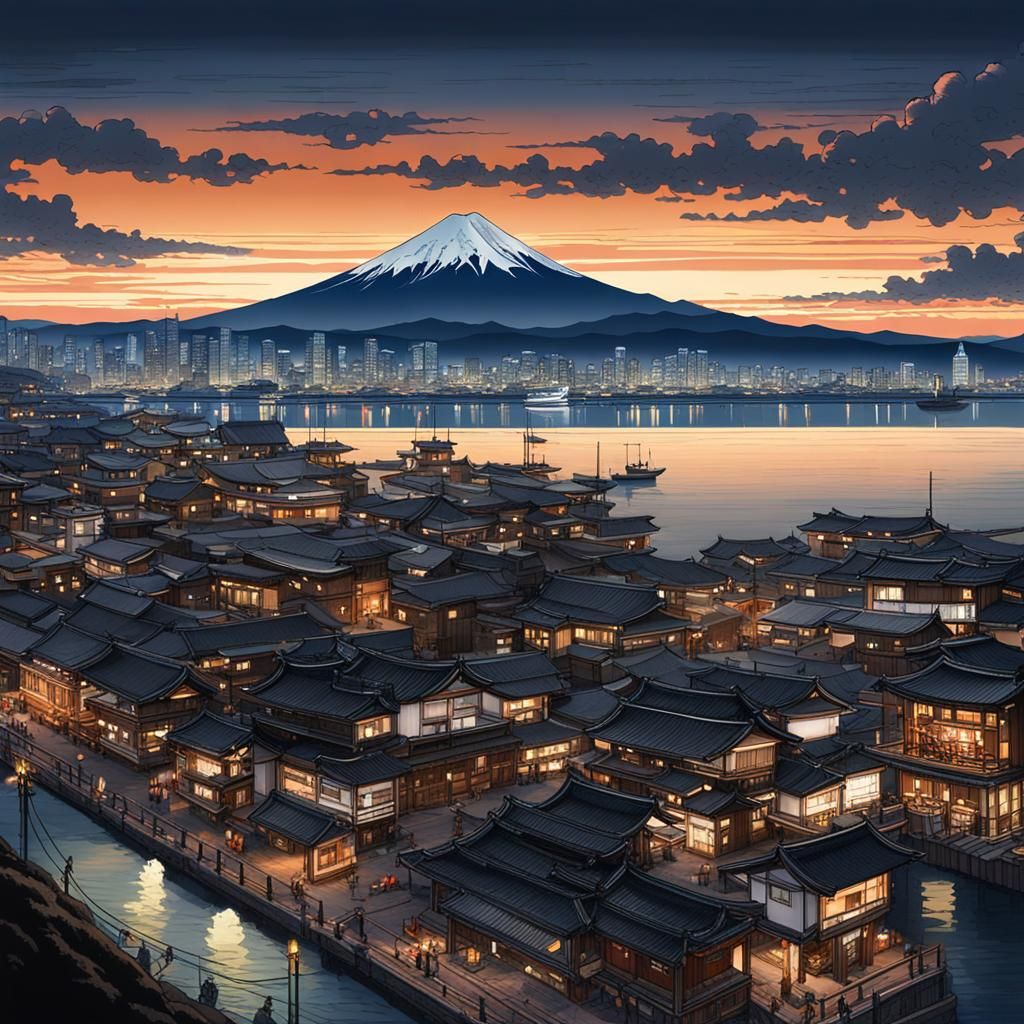 Mount Fuji Overlooks Bustling Port City: Detailed Matte Pain...