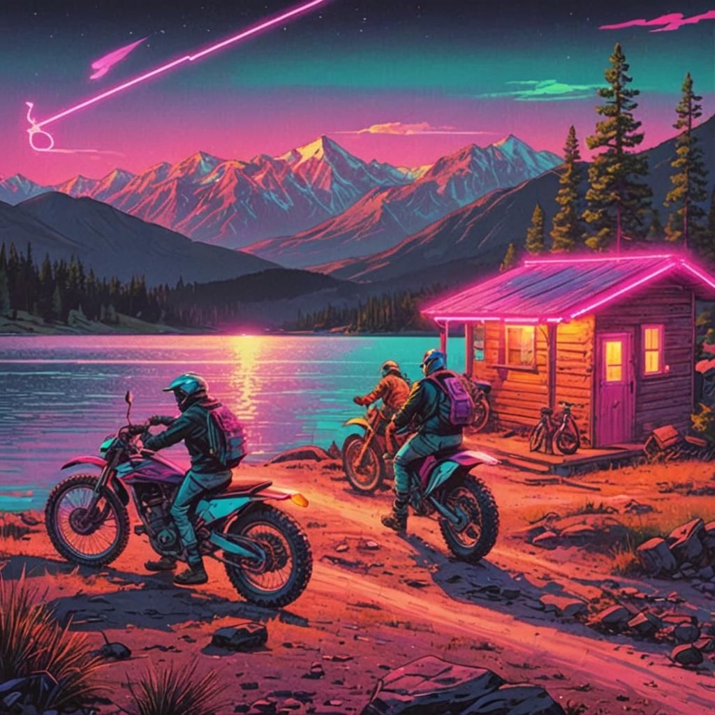 Teens on Dirt Bikes at Mountain Lake: Synthwave Style