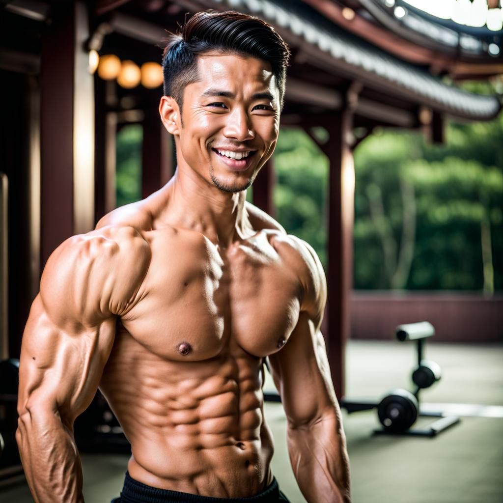 Shirtless Asian man with an eight-pack