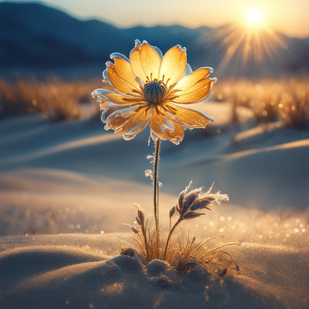 Luminous Flower in Golden Sunset, Photorealistic Digital Art