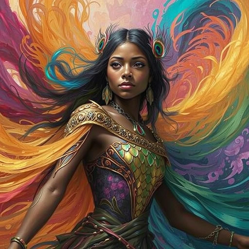 Dragon Peacock Woman in Abstract Fauvism Style