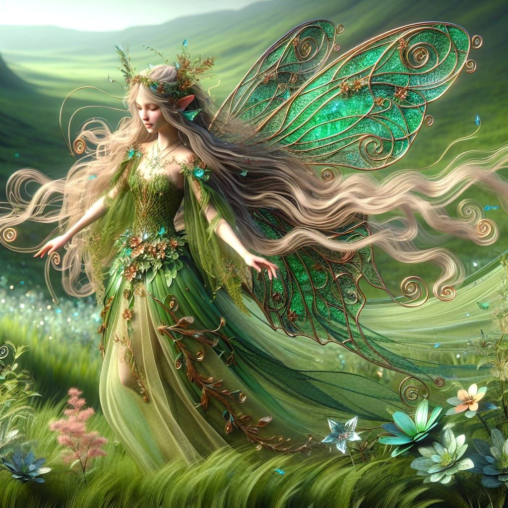 Enchanting Fairy with Emerald Wings in Art Nouveau Style