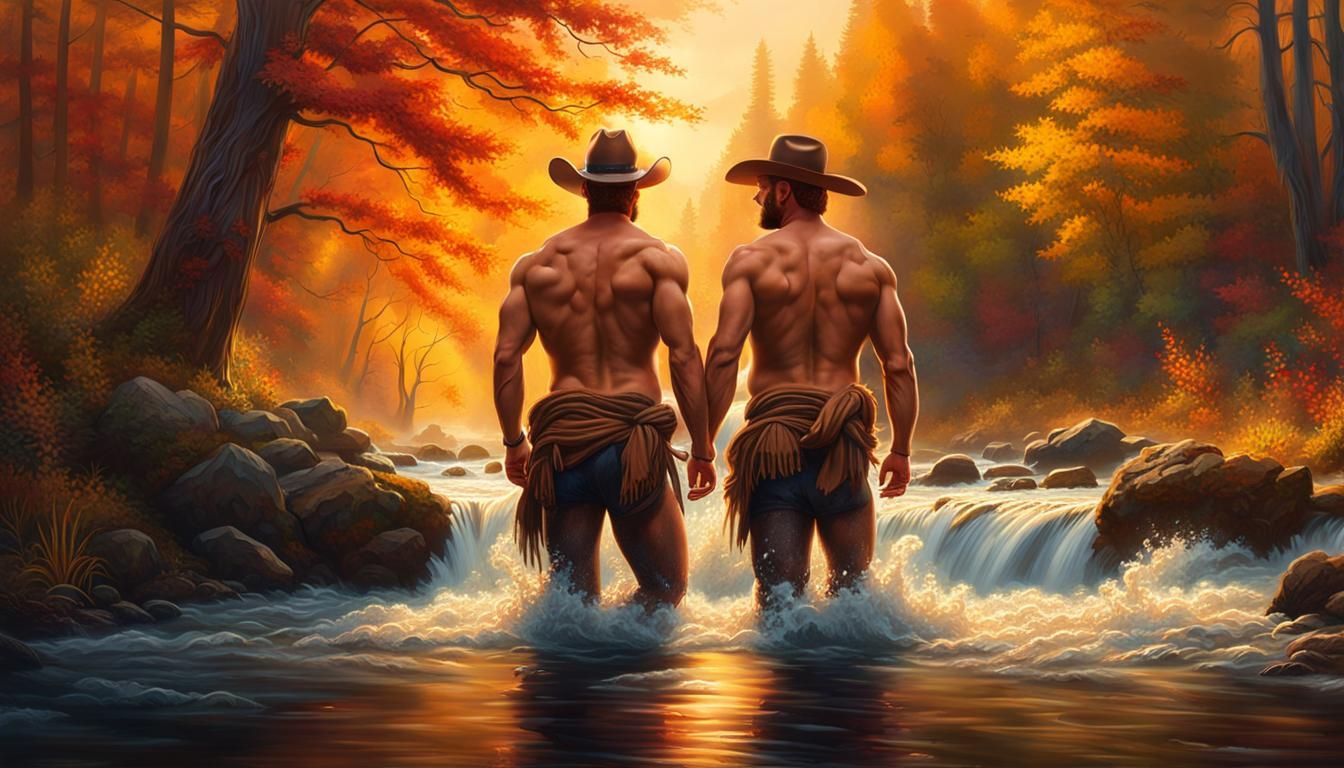 Redhead Cowboys Emerge from Autumnal River