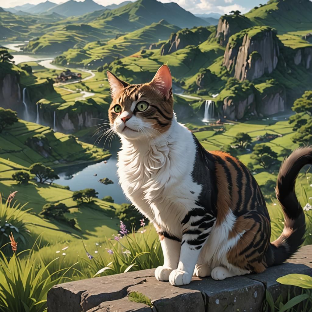 Cat Painting Landscape in 3D Anime Art Style