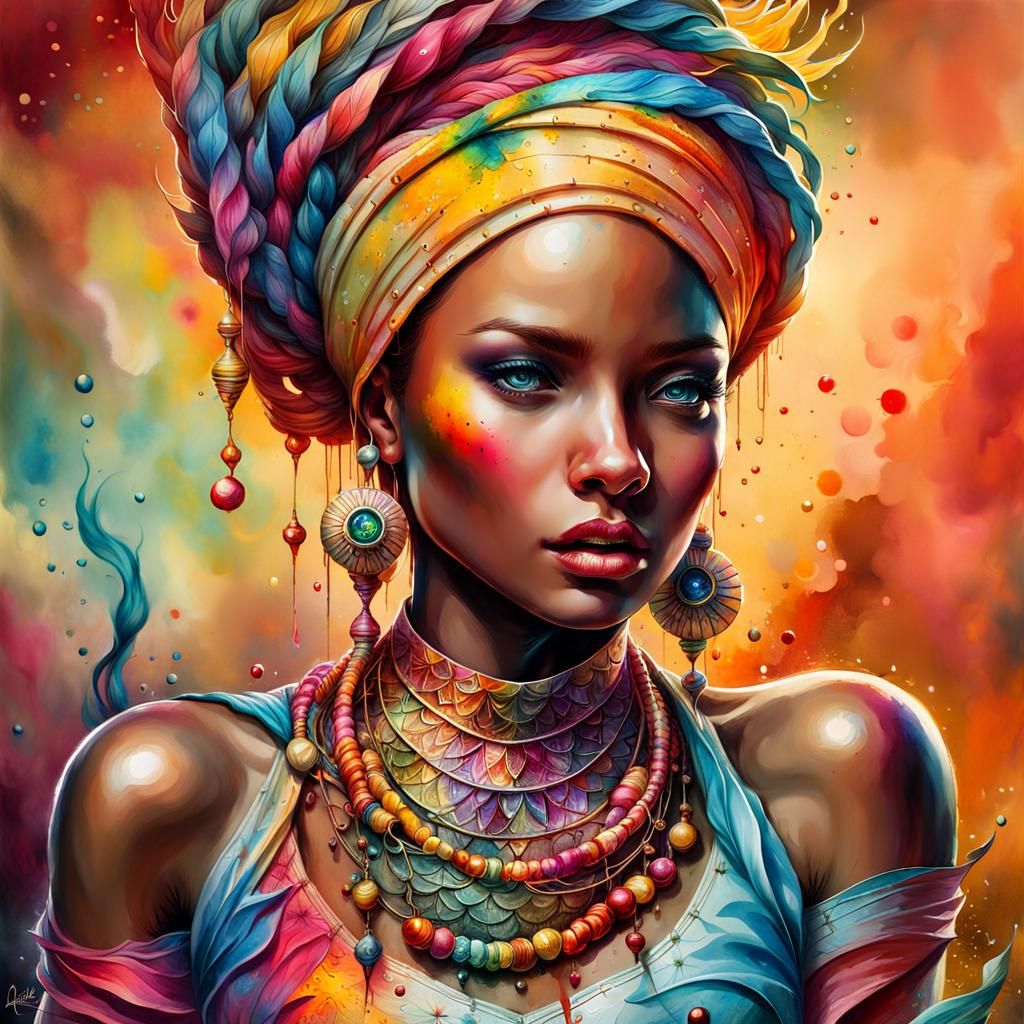 Surreal Woman Portrait in Watercolor Splash Art