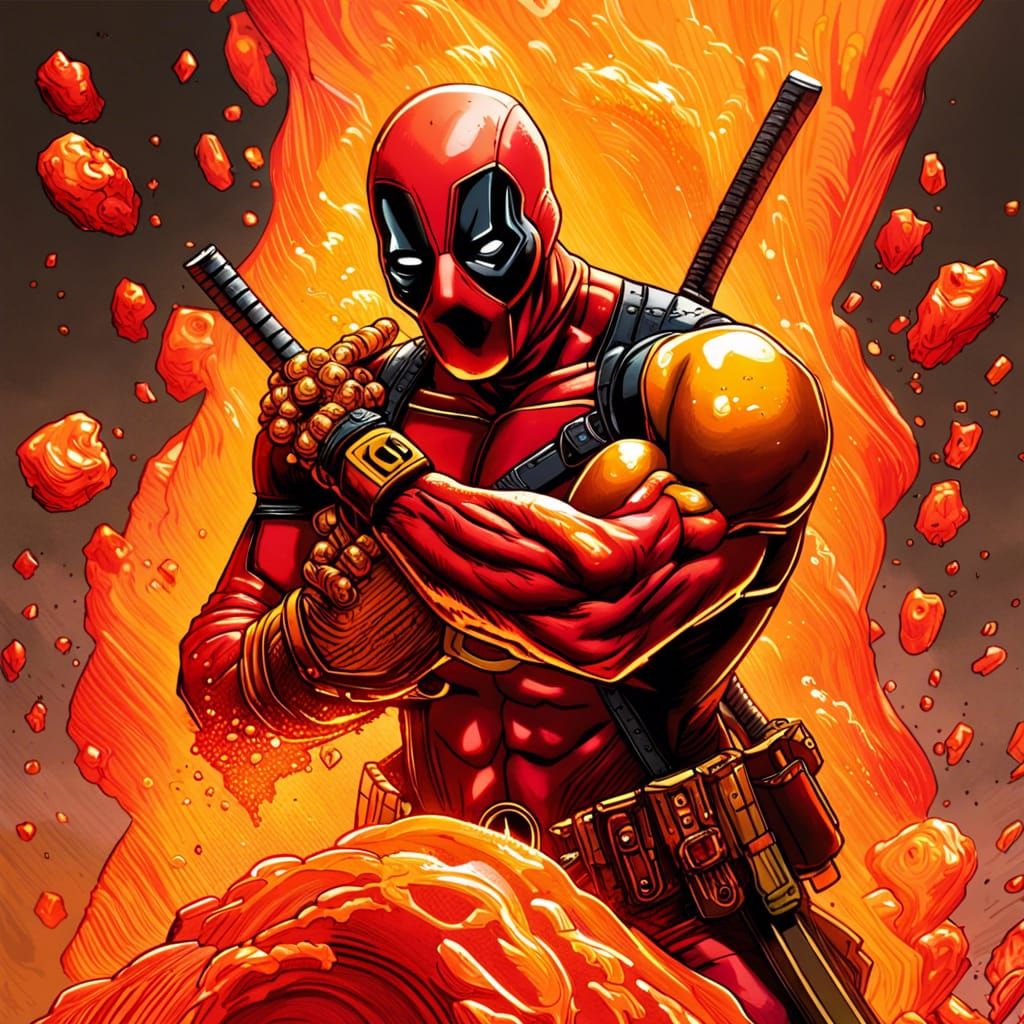 Golden Deadpool with Lava Skull: Hyperrealistic Comic Art