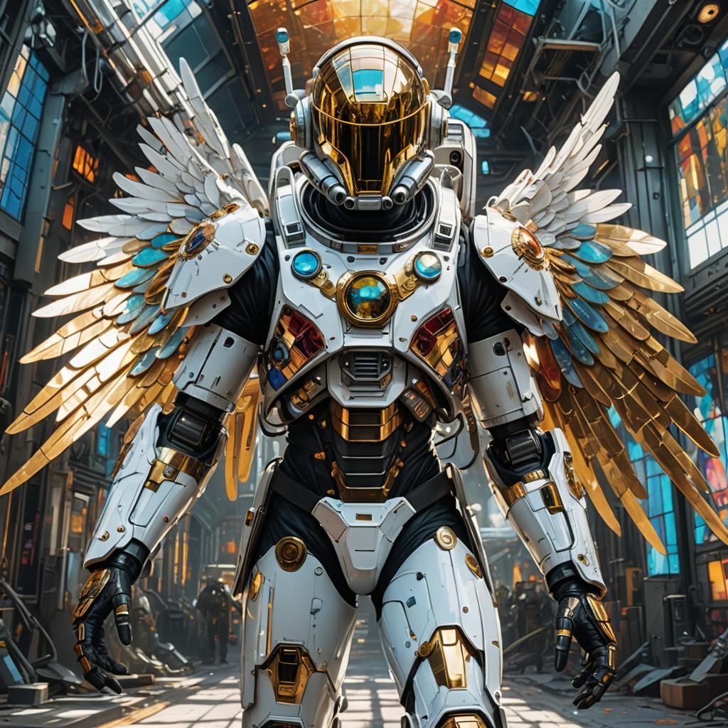 Biomechanical Astronaut with Stained Glass Wings