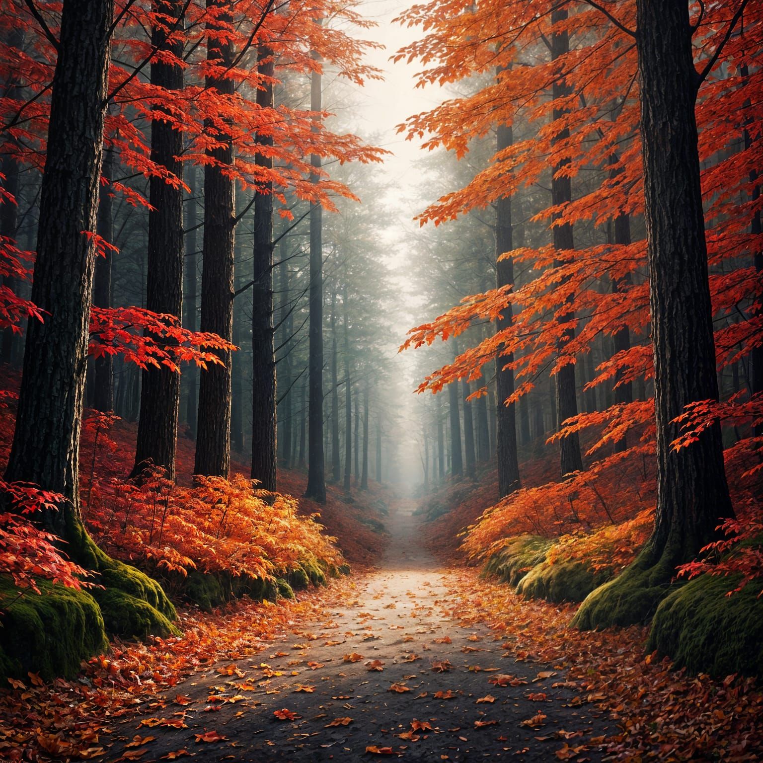 Autumn Forest with Red Leaves in Ethereal Style