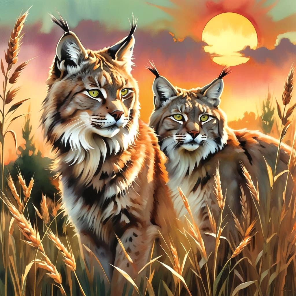 Lynx in Wheat Field at Sunset as Watercolor