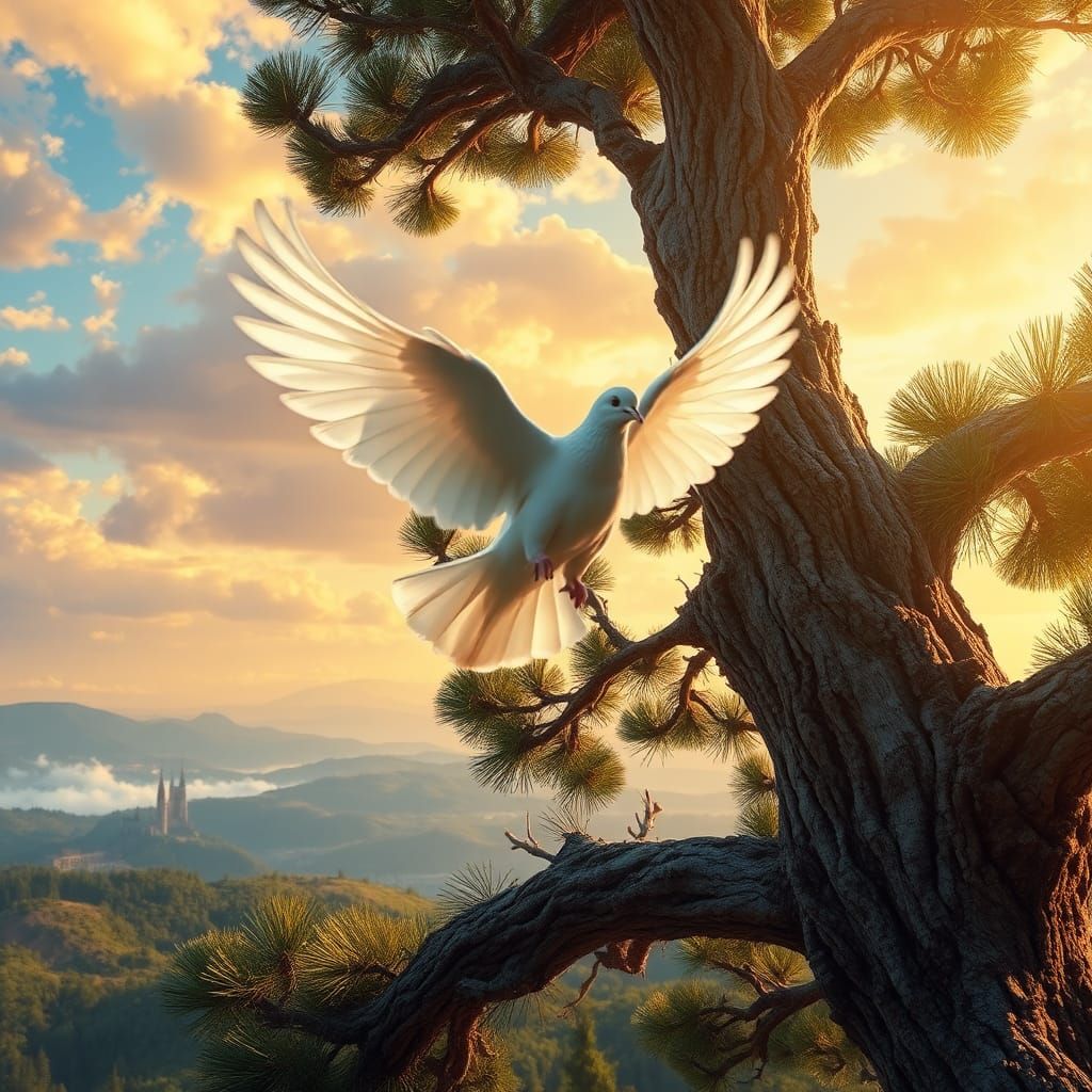 Dove Escaping Pine Tree in Dreamlike Sky