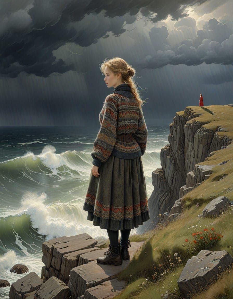 Girl in Cozy Sweater Stares Out to Sea at Sunset