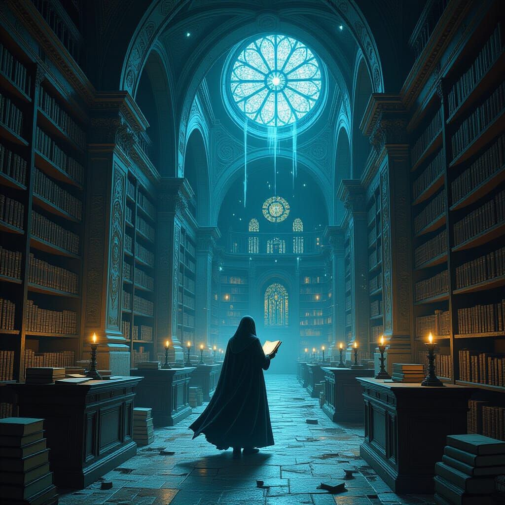 Spectral Librarian in Forgotten Library, Glowing Tomes
