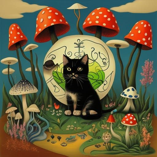 Surreal Cat and Mushrooms in Dali Style