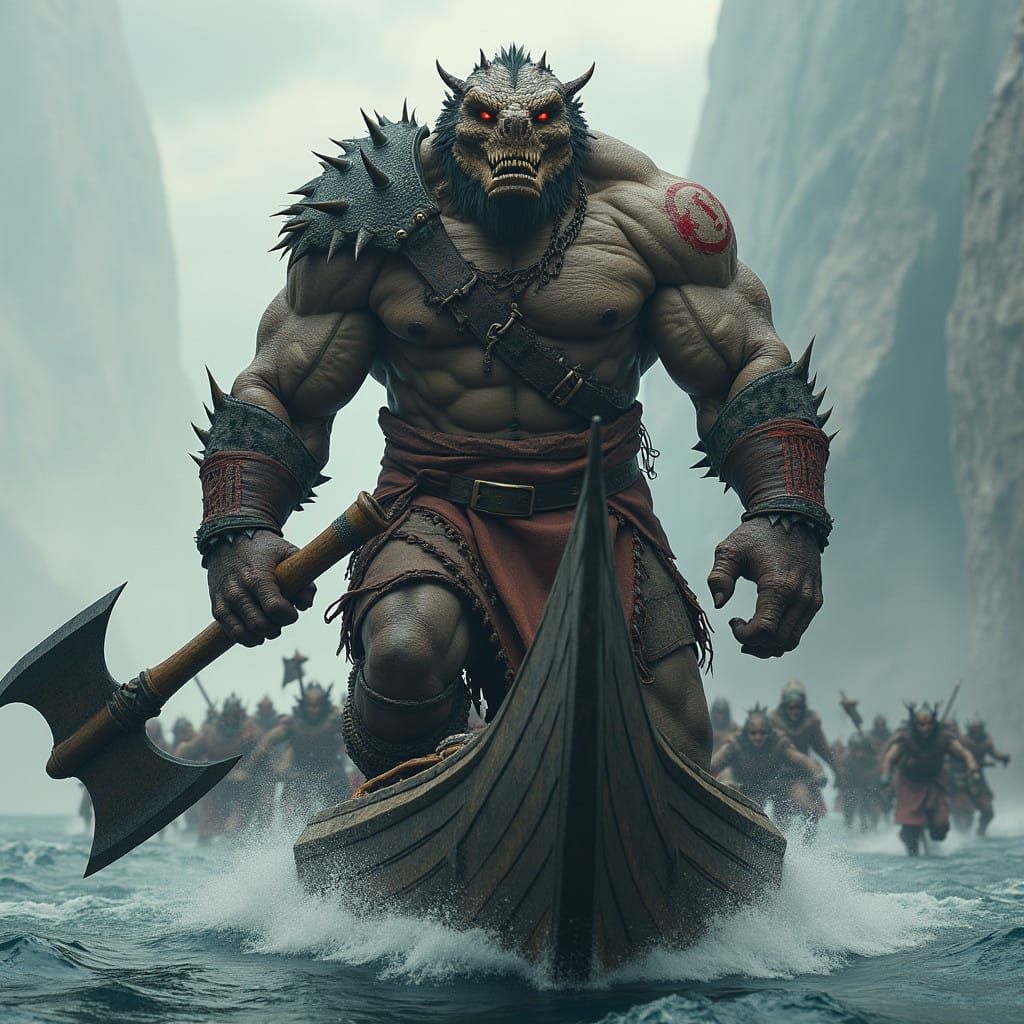 Mighty Komodo-Human Hybrid Viking Warrior amidst Drakkar and...