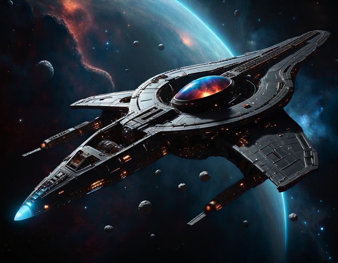 Epic Spacecraft Through Asteroid Belt, Lunarpunk Style