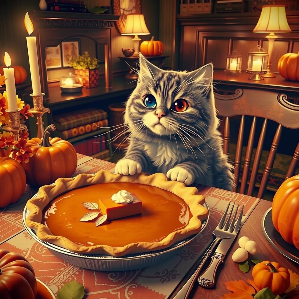 Cute Cat Enjoys Thanksgiving Pumpkin Pie