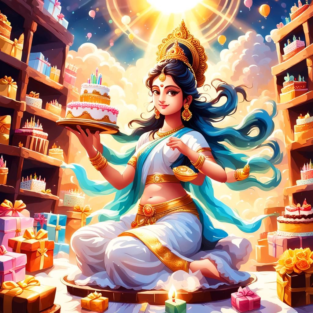 Saraswati Surrounded by Birthday Gifts in Divine Light