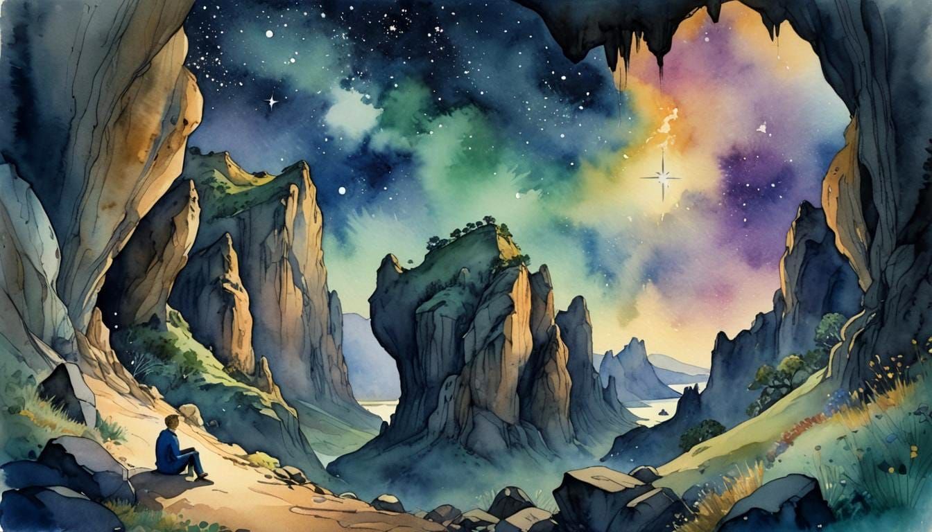 Young Man Under Starry Sky in Watercolor Style