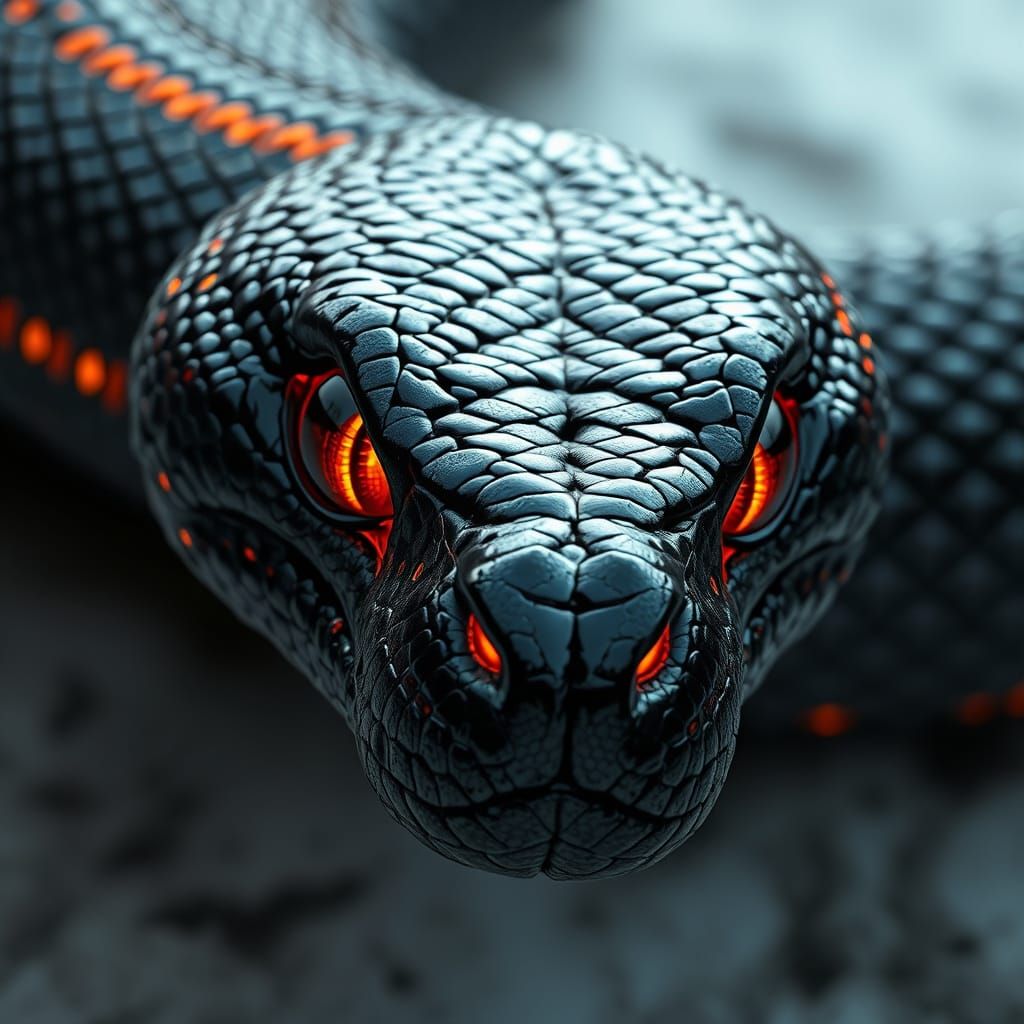 Metallic Snake with Lava Eyes in 3D Realism