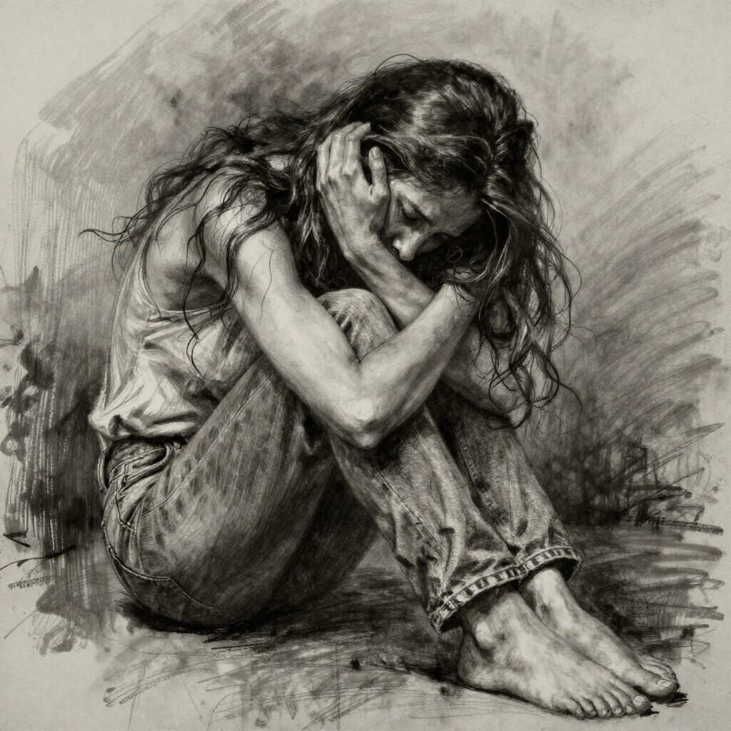 Charcoal Drawing of Woman in Deep Grief