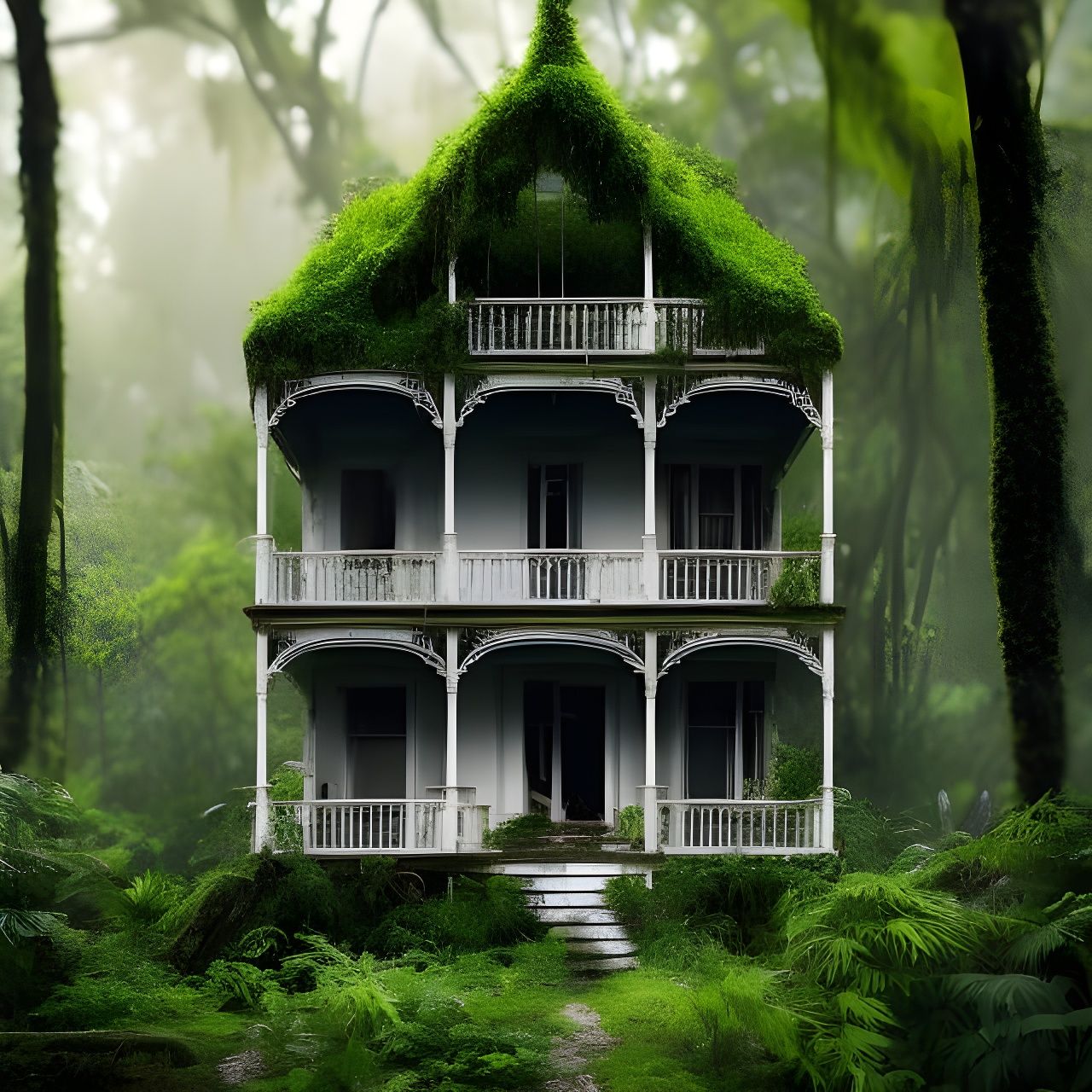 Cyberpunk Victorian House Overgrown by Lush Forest