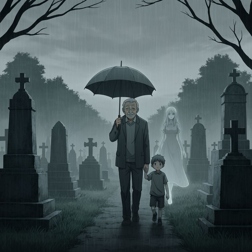 Man and Boy in Rainy Cemetery with Ghost, Anime Style