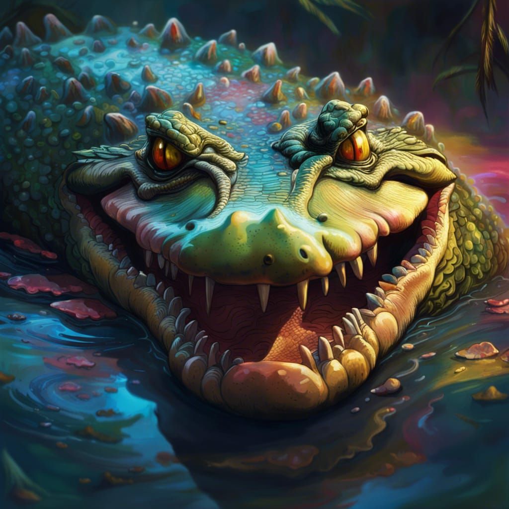 Crocodile with Dentures in Colorful Swamp Art