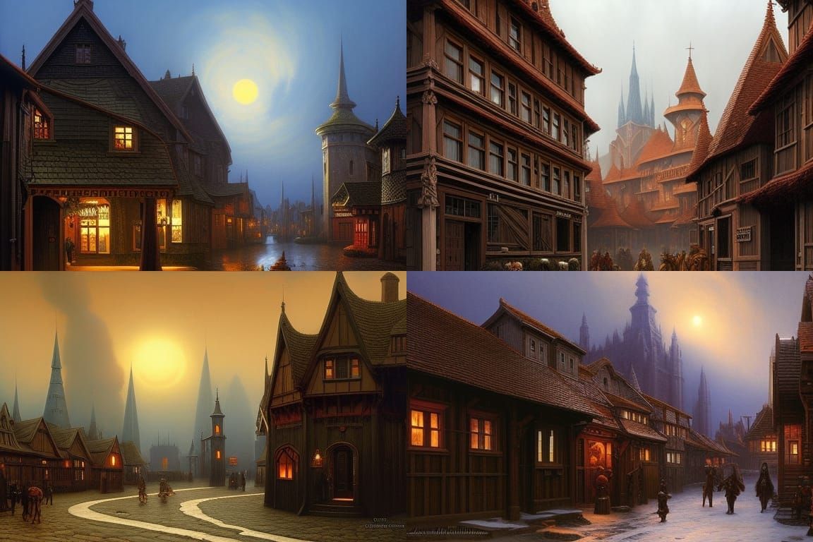 Gloomy Medieval Fantasy Town in Dark Style