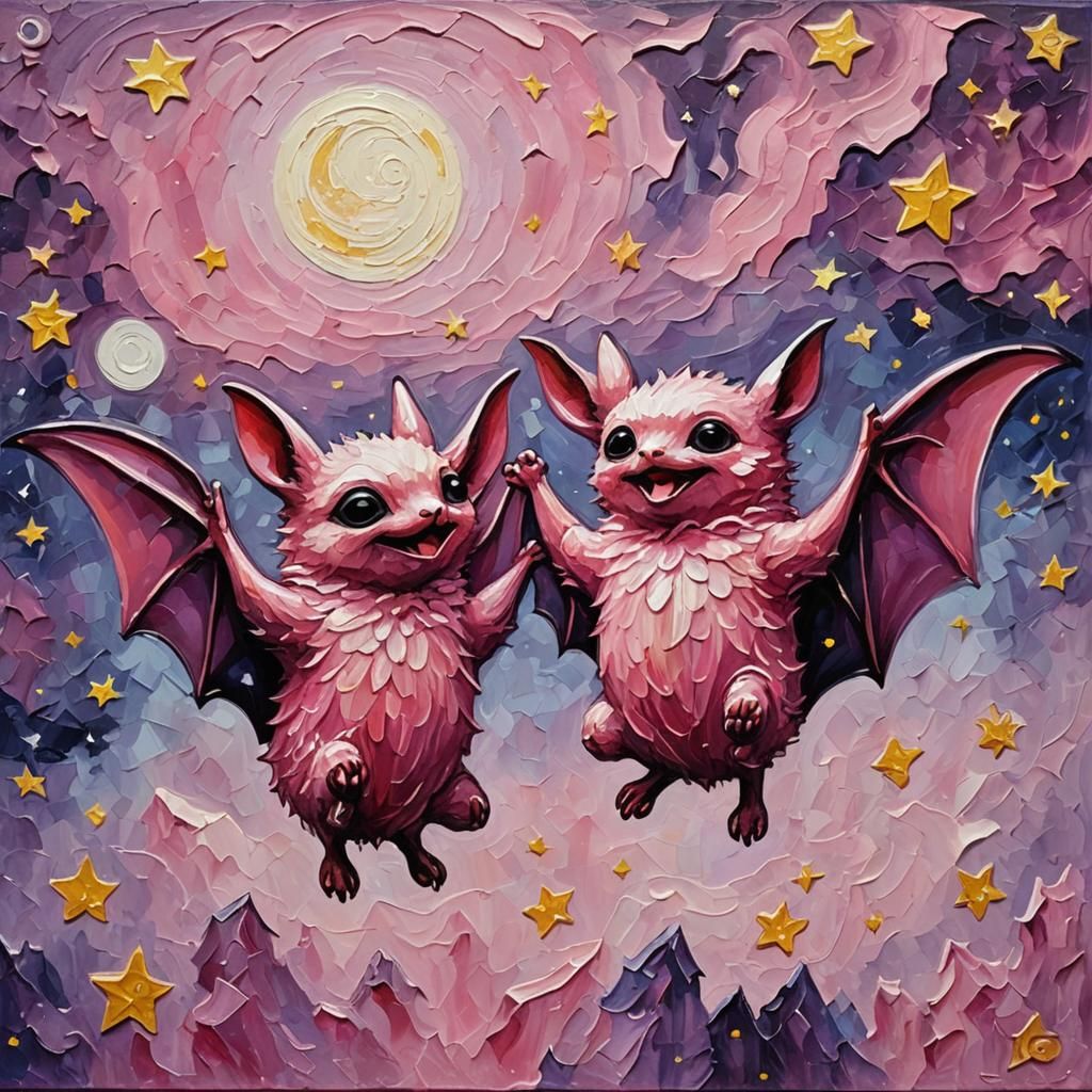Two cute little pink bats doing a high five