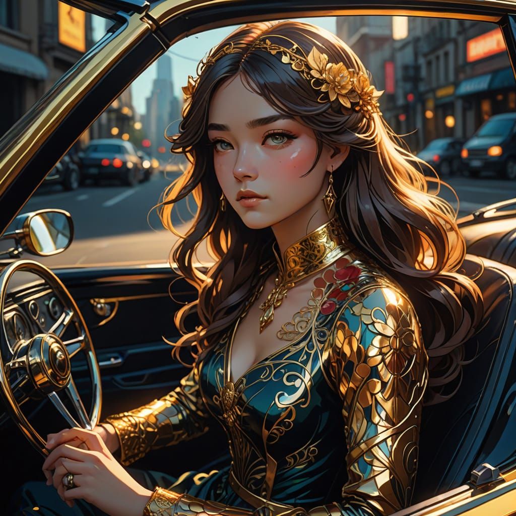 Vibrant Anime Girl in Vintage Sportscar