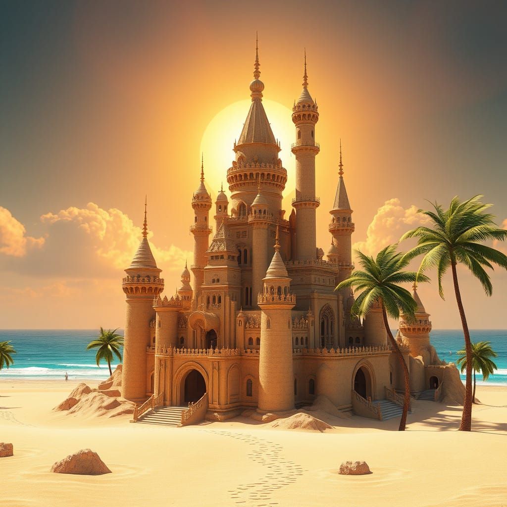Epic Golden Fantasy Castle Amidst Sunset Palms
