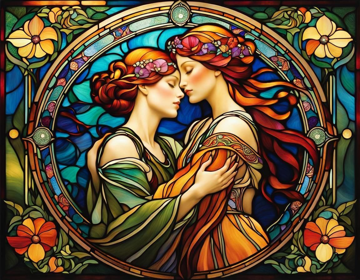 Stained Glass Lesbian Couple in Art Nouveau Style