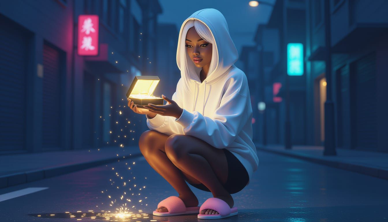 African Woman with Shining Box in Dark Street