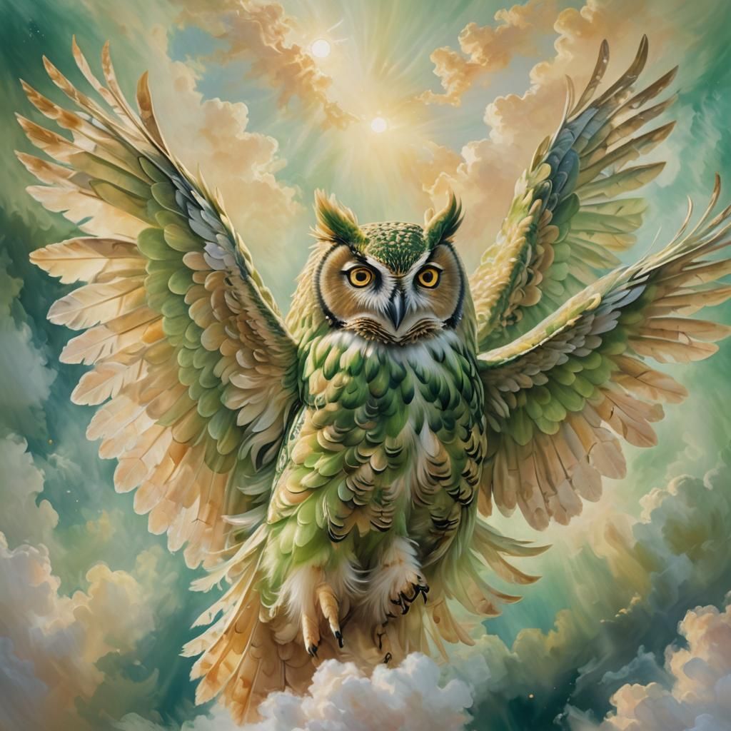 Green Owl in Flight: Surreal Oil Painting