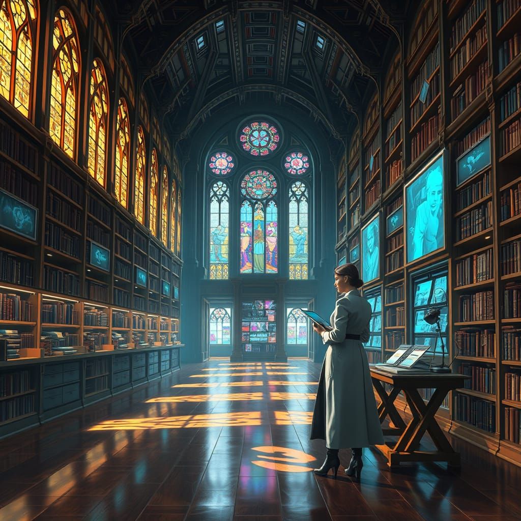 Futuristic Librarian in Serene Digital Library