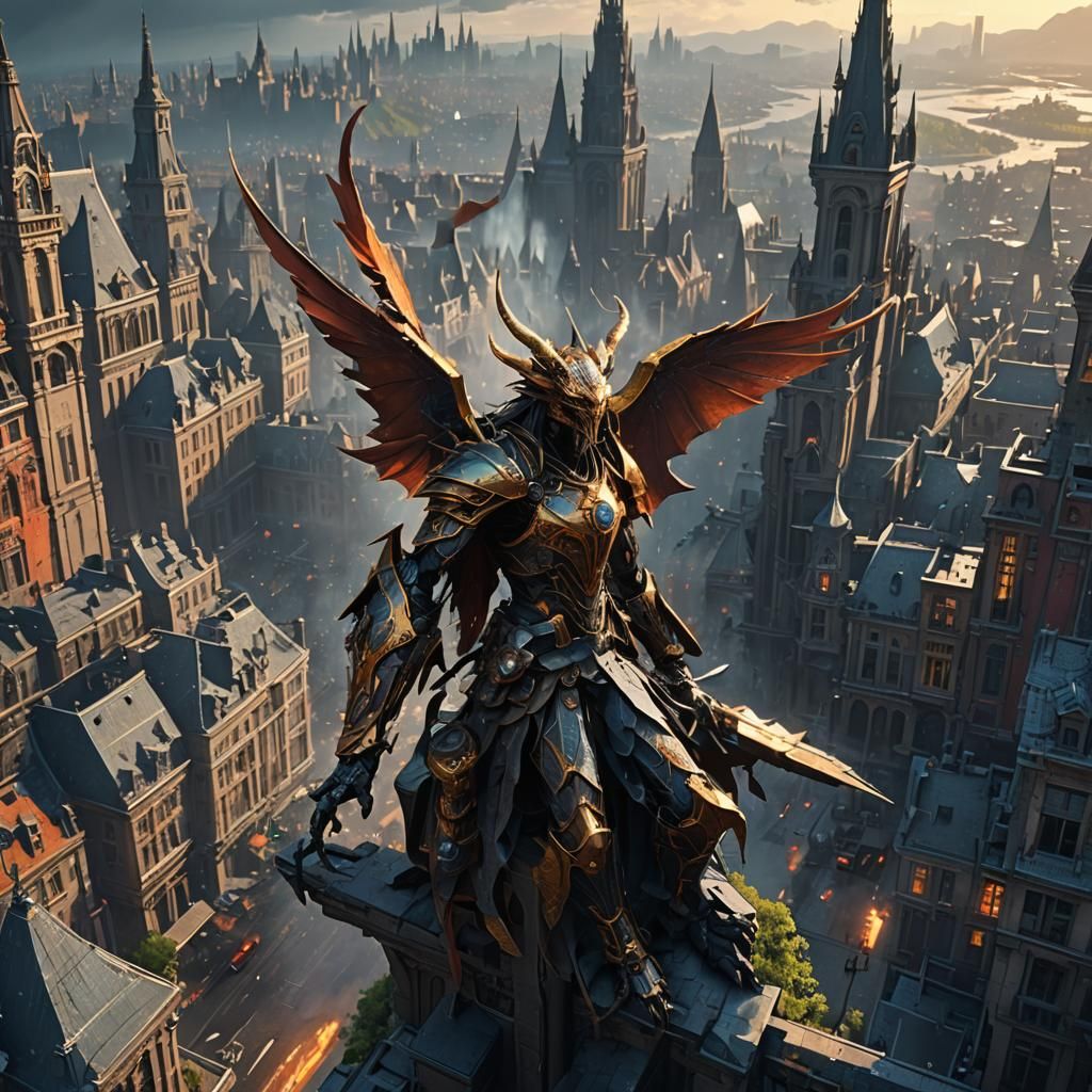 Mythical Cityscape Ride in Dark Fantasy Style