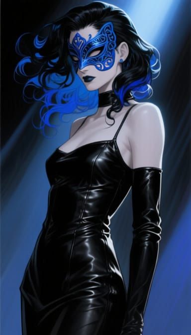 Woman in Black Leather Dress with Whimsical Hair and Blue Ma...
