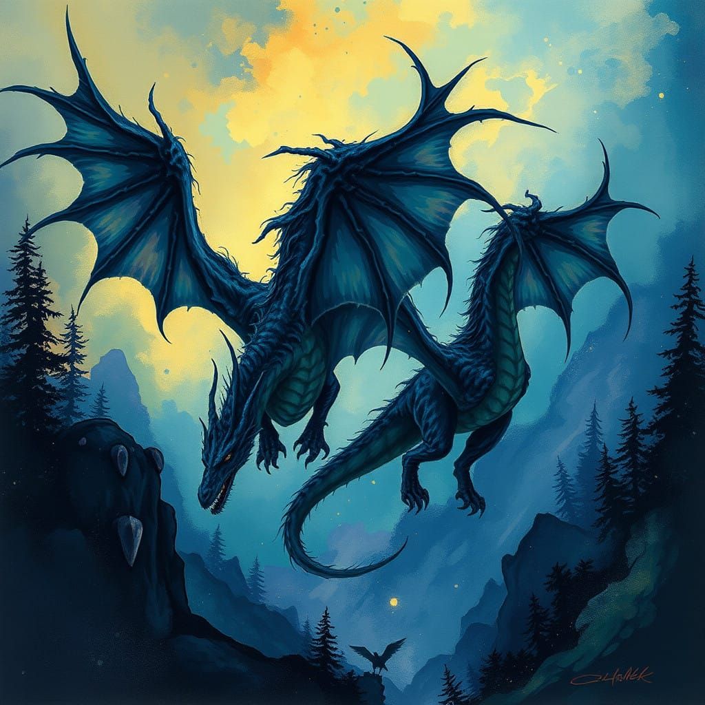 Fantasy/Dark Auroracore Nature Dragons in the style of Canaletto gouache Eldritch art deco dynamic lighting Splash art T...
