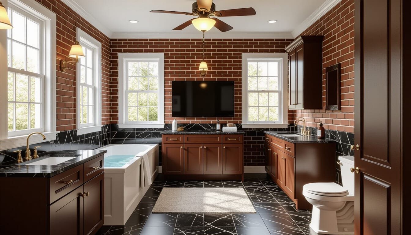 Victorian Bathroom with Brick Wallpaper and Marble Floor