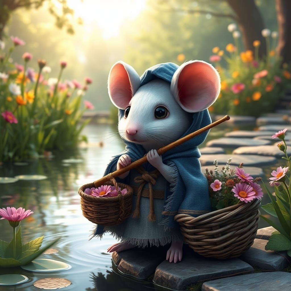 Mouse Fishing in Lush Garden: Photorealistic Detail
