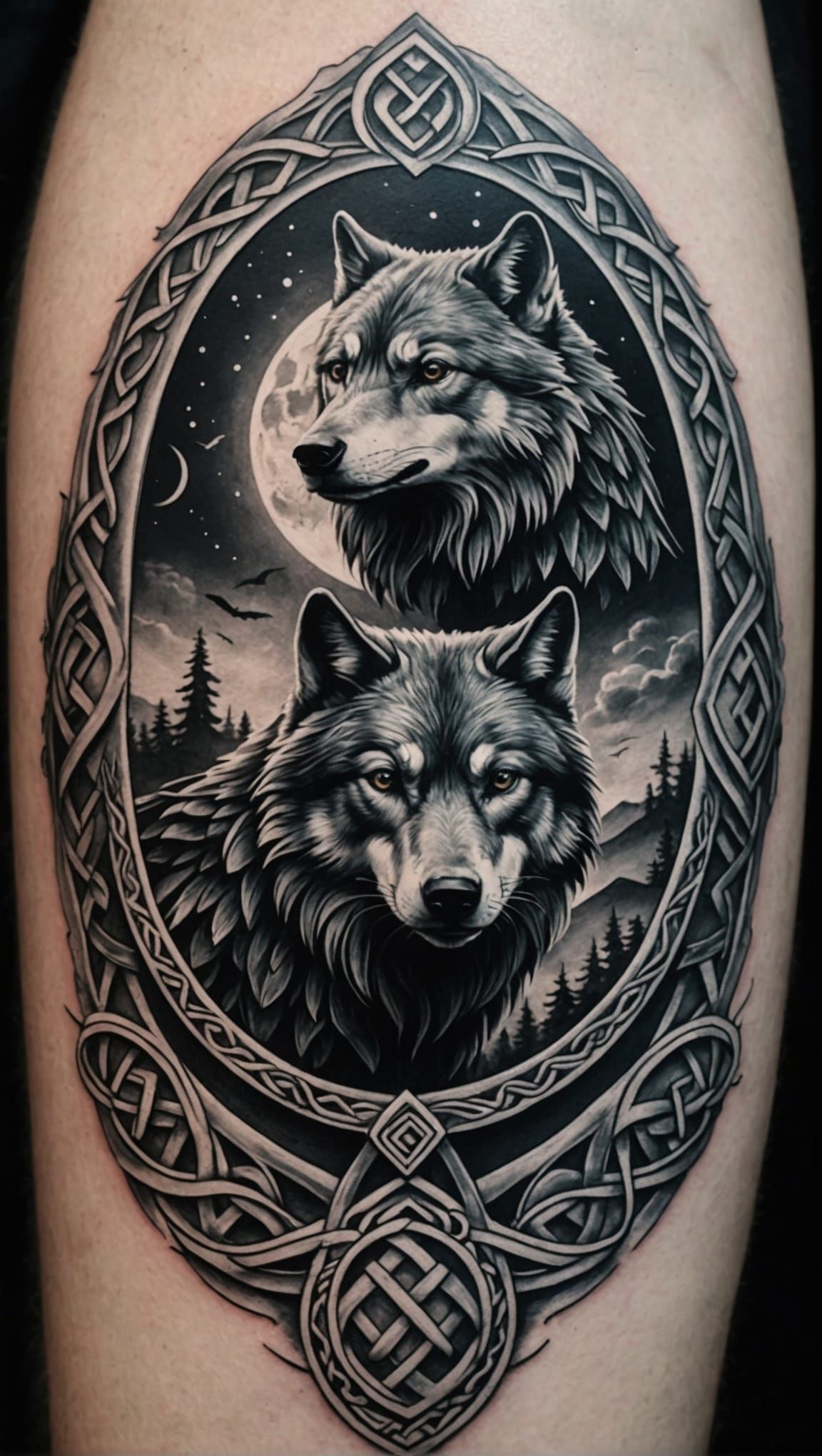 Photorealism fine grain meticulous detain Black and gray tattoo of a raven and a wolf night gothic nordic theme celtic k...