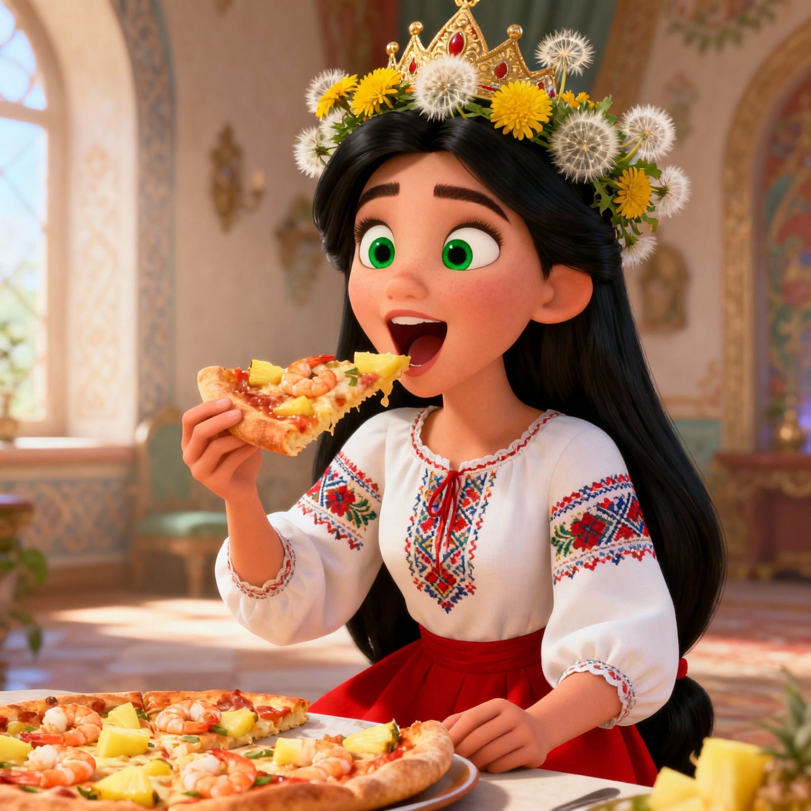 Young Russian Tsarina in Disney Style Eating Pizza