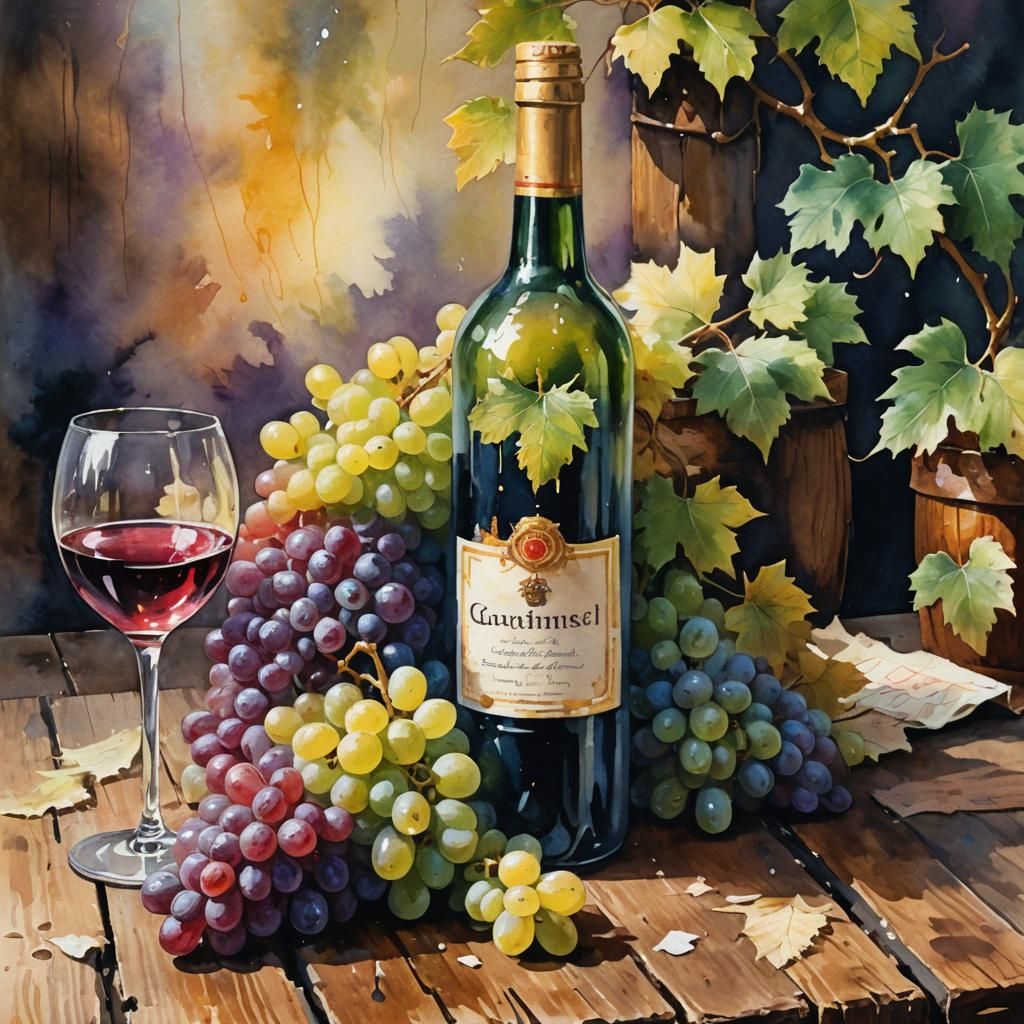 Gouache Painting: Anthropomorphic Grapes Escape Wine Bottle