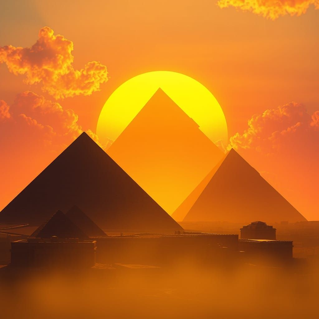 Pyramids and Ra at Sunset in Digital Art Style