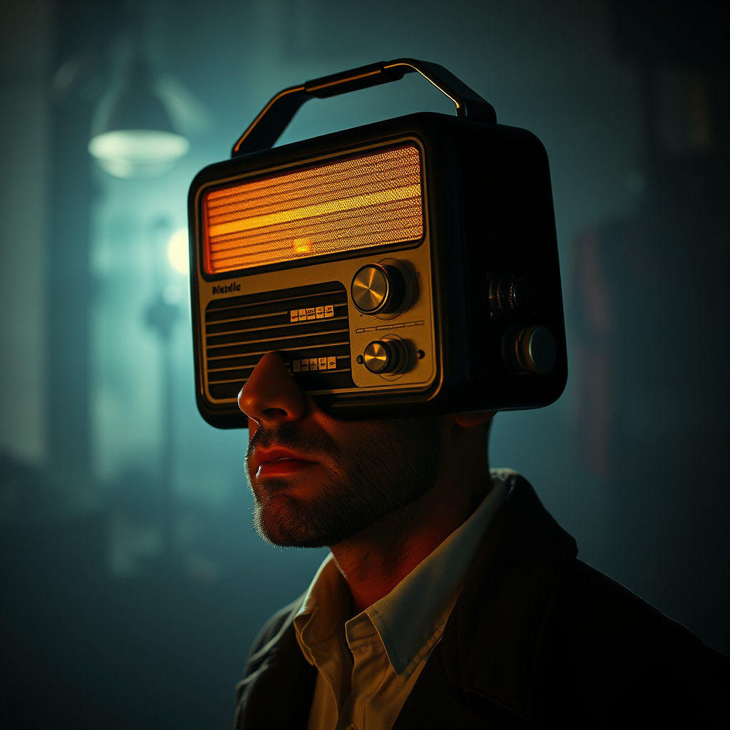 Man with Radio Head in Hyperrealistic Style