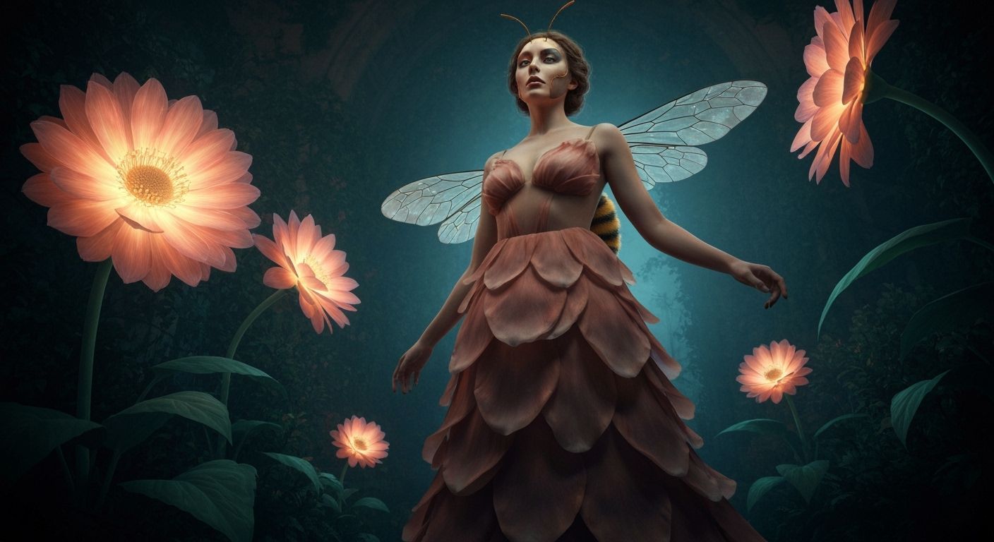 Woman with Bee Wings in Bioluminescent Garden