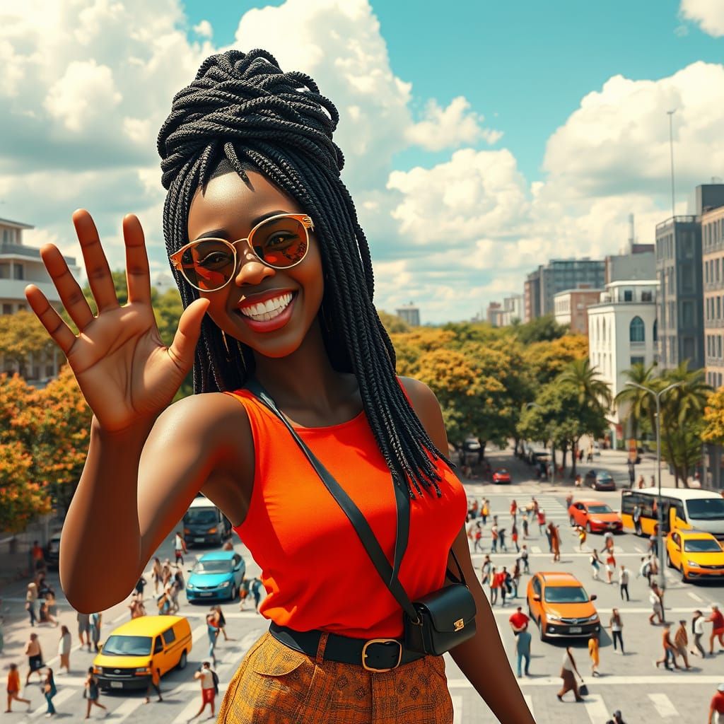 Joyful Giantess Greets City, Photorealistic Illustration